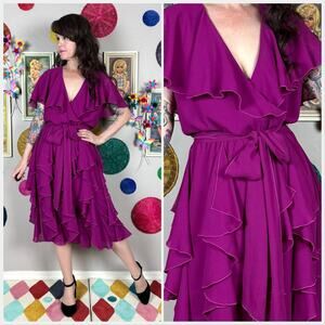 Vintage 1980s Fuchsia Ruffled Chiffon Midi Dress